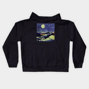 Night sky and bright moon painting, Vincent van Gogh style, oil on canvas Kids Hoodie